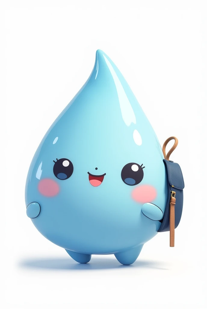  A drop of water walking with its backpack on a white background with a happy Kawaii face in a school