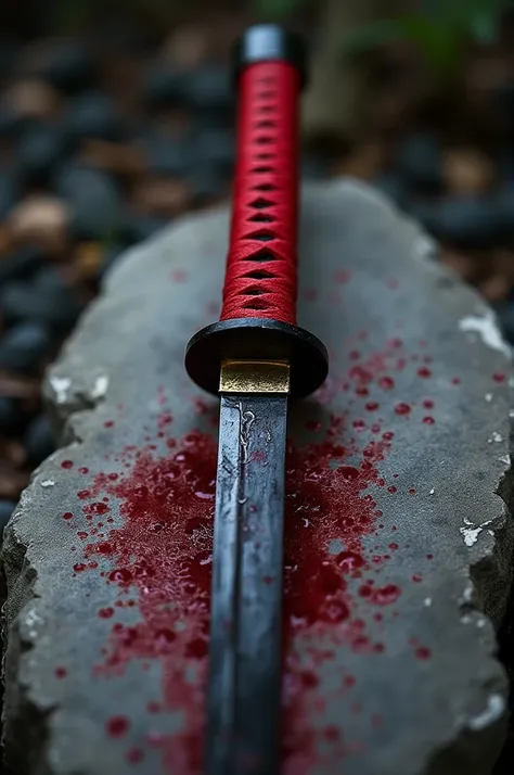 ((best quality)), ((masterpiece)), (detailed), Curved Katana with black blade, with red handle and splashed with blood on a stone