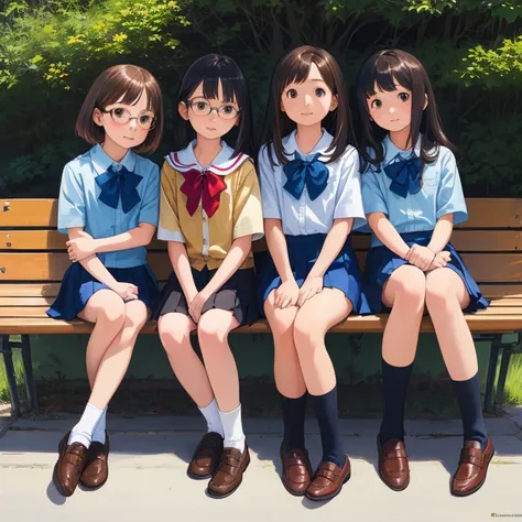 highest quality, ultra-high resolution, (realistic: )2d official style cel animation,((multiple　girls sitting in a row))，element...