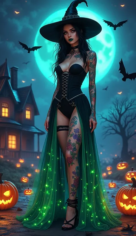 A vibrant, Halloween-themed image featuring a gothic woman with a striking presence. She stands confidently, dressed in a black corset with a flowing, translucent skirt that shimmers with mystical green and blue hues. Her arms and legs are adorned with col...