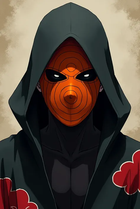 Draw Tobi from Akatsuki, but with the mask having two eye holes while maintaining the spiral style of the original orange mask.