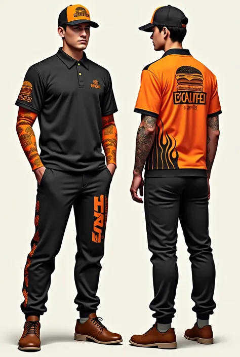 Design a complete uniform for a hamburger restaurant with the 402burger logo in black and orange with a polo shirt and jogger pants that are creative and that the right sleeve has a line that divides it and one side is full of drawings such as illustrated ...