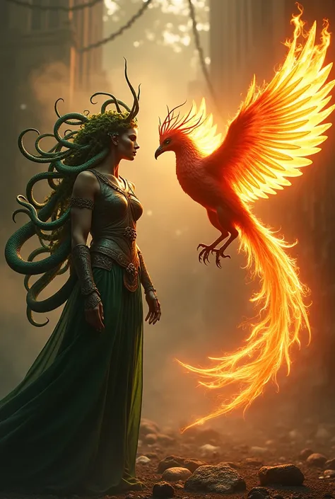 Medusa stands firm, looking straight ahead. Her hair is full of green snakes that stand out clearly, And her expression projects a fearsome figure, Powerful and bold. About her, A majestic phoenix flies with its wings fully extended, Made of vibrant fire, ...