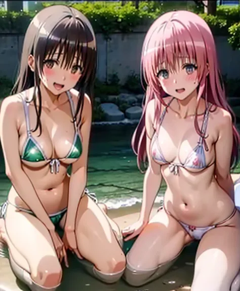 (Highest quality), (masterpiece), high resolution, Realistic texture, close,Beach、Extremely small sexy micro bikini、２people、
, momo velia deviluke　&　yuuki mikan、 Playing innocently、,, (Big Breasts),  , ,  (blush:1.2), smile,smile、Open your mouth、yuuki mika...