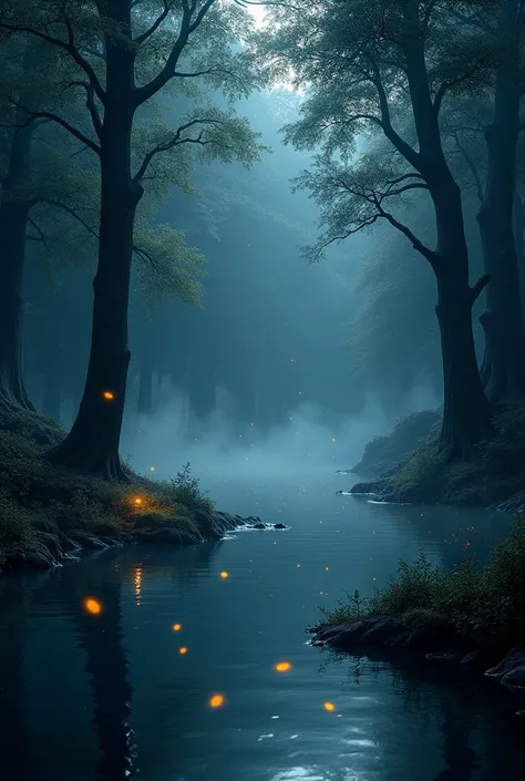 A magical and beautiful lake, in the dark forest, night, fireflies, dark, dark, the lake in the middle of the forest