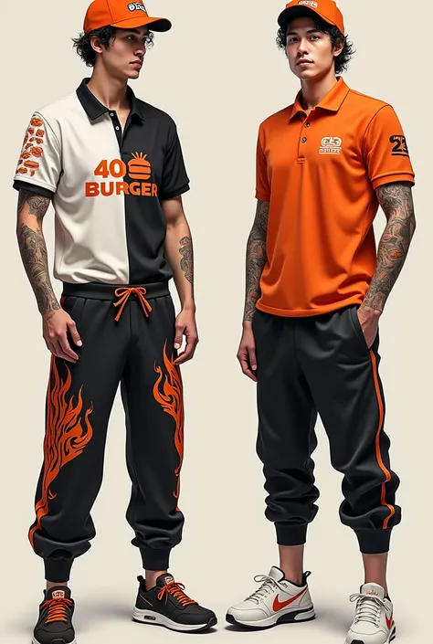 Design a complete uniform for a hamburger restaurant with the 402burger logo in black and orange with a polo shirt and jogger pants that are creative and that the right sleeve has a line that divides it and one side is full of drawings such as hamburgers a...