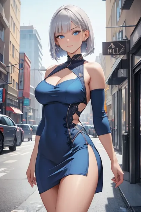 A woman with silvery bob hair and blue eyes, ((She is wearing a tight blue dress)), Cheeky Smile, Condescending look, Gazing at the viewer, Highly detailed and realistic, masterpiece quality, Very detailed, High resolution, Vibrant colors, Physically Based...