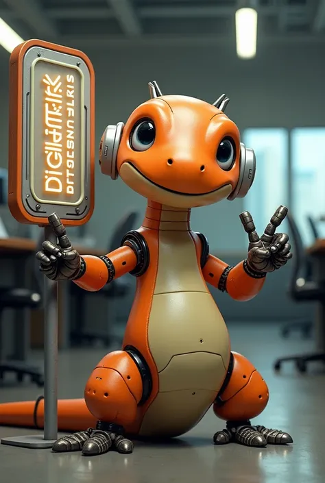 A robot salamander. Predominant Colors, orange, gris, black andwhite. Body color, orange. head, arms and legs, Use neutral colors, gris, black andwhite. A salamandra robótica está fazendo o Sign of vitória (Sign of "in") with the right hand. She is leaning...