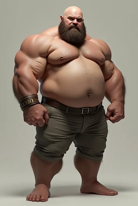 Hairless man with a huge muscular chest, full body, arm raised, endowed and bearded. 