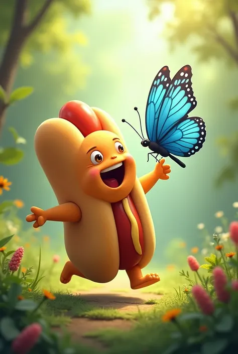 A hot dog playing with a blue butterfly 
