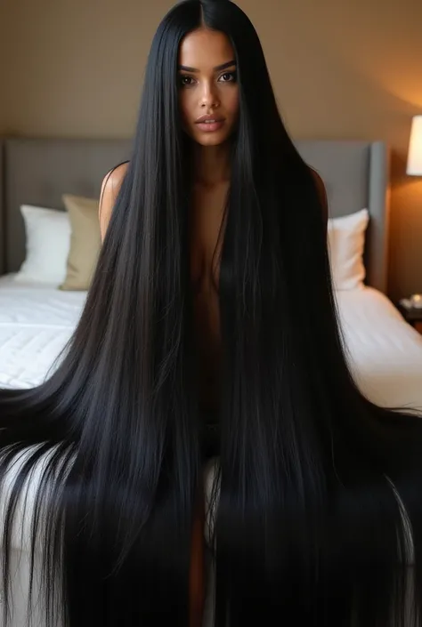 Super Long Hair Contest Winner、Full body photo、Head to toe photos、Taken from about 4 meters away、ultra-realistic、The longest black hair in the world、Hair longer than Rapunzel、She has very long black hair that covers her entire body...、Hair that is shampooe...