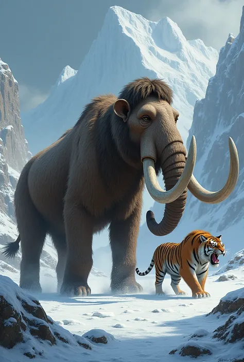 A mammoth, a saber-toothed tiger, and a sloth in the Ice Age