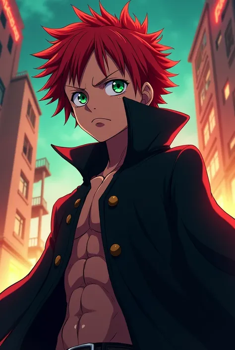 A 19 year old young man, 1,80m, with exaggerated and expressive features typical of One Piece. Your skin is clear, and he has voluminous red hair, Disheveled. His large green eyes turn a bright orange when his dark personality appears, with an otherworldly...