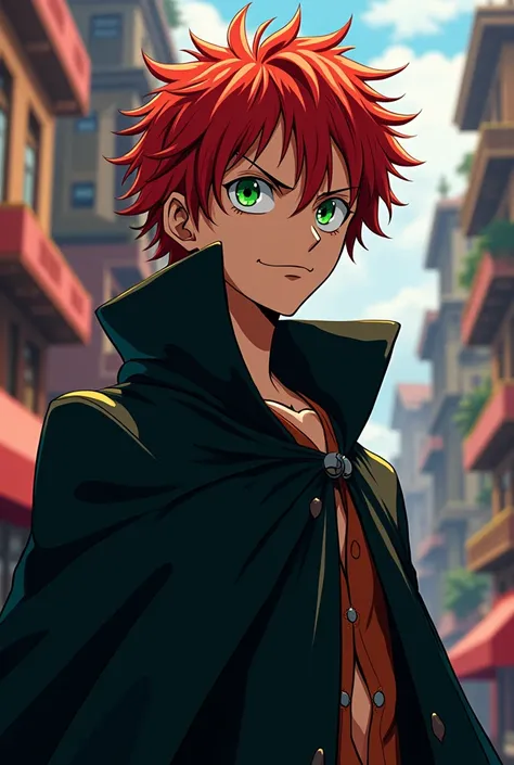 A 19 year old young man, 1,80m, with exaggerated and expressive features typical of One Piece. Your skin is clear, and he has voluminous red hair, Disheveled. His large green eyes turn a bright orange when his dark personality appears, with an otherworldly...