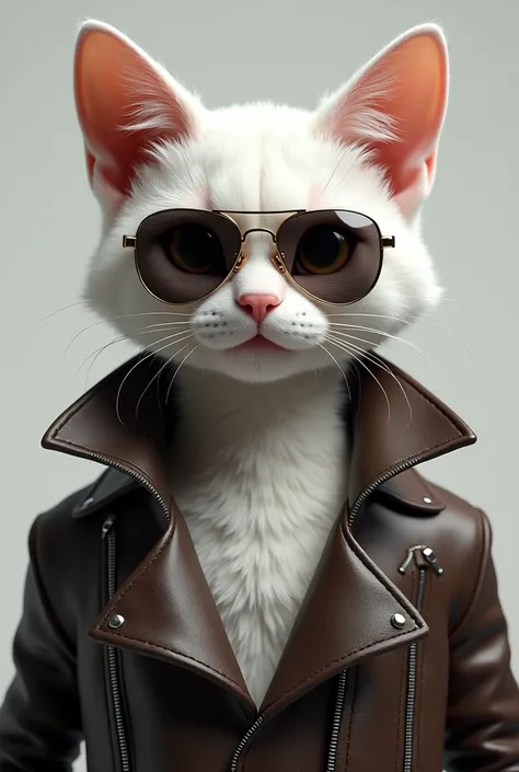 A humanoid white cat wearing aviator sunglasses and a dark brown leather jacket