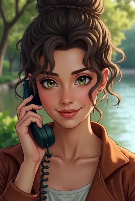 1womanl, white, Latin trait, sharp nose, thick lips, brown curly hair, greeneyes, smirk on face, answering phone (high resolution, high qualiy, best contrast), (background of a park, with a lake in the background)