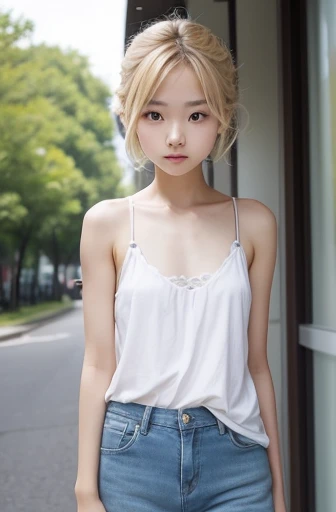 Create a photo of a korean Asian teenager,beautiful girl, left side parted hairstyle﻿
 blondehair,11yo,narrow eyes:1.5,thinbody,skinnybody,fratbody,slimface,camisole,