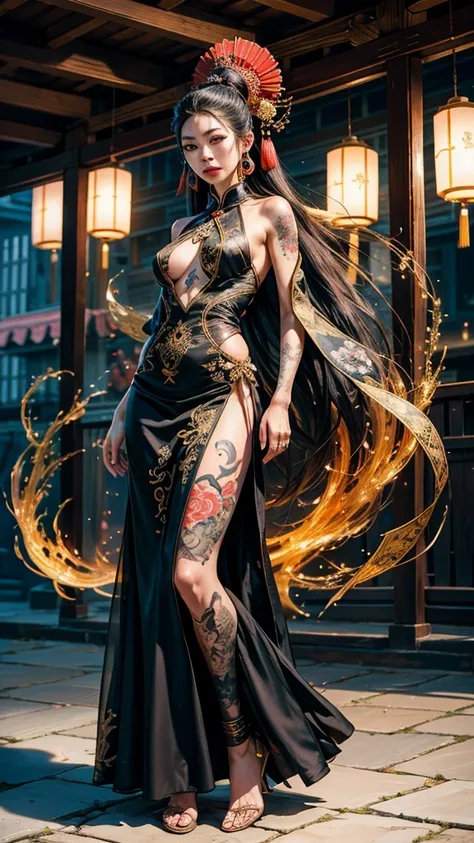 An ancient Chinese beauty, charming temperament, flowing long skirt, clear face, beautiful eyes, osmanthus surrounding, perfect body structure proportional masterpiece, super detailed, epic composition, color tattoo art, new traditional tattoo art, SD tatt...