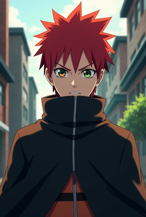 A 19 year old young man, 1,80m, with typical Naruto traits. Your skin is clear, and he has short, messy red hair, with an energetic style. His eyes are big and green, but turn bright orange when his dark personality emerges, com um brilho intenso. His face...