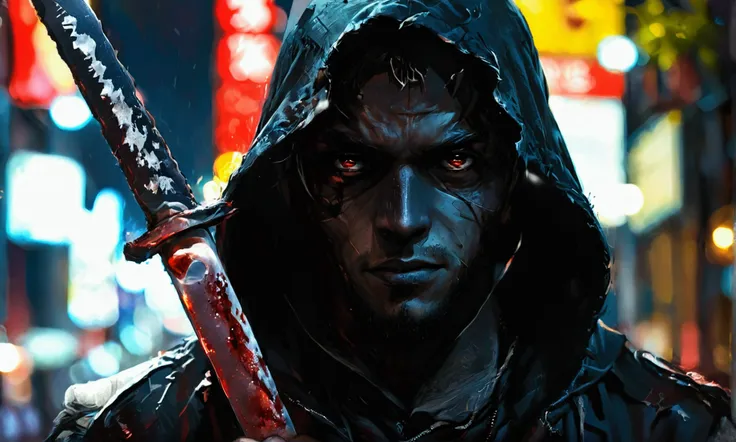 A MAN WITH A HOOD HOLDING A KNIFE IN THE MIDDLE OF THE STREET AT NIGHT, DARK, HIDDEN FACE, DARK FACE, DARK BLACK FACE WITH A WHITE SMILE, NIGHT, manga style, manga style art, manga style art, manga style art, manga style