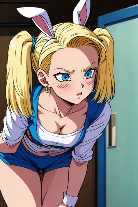 chest, Shortcuts, blue eyes, blonde, Bunny ears, Highest quality, blush, 大きなchest, , Anime Style, Android 18,大きなchest, Heavy breathing, Look closer, Twin tails, Accurate, High resolution, Attention to detail, Frowning, Tsundere, Earrings,whole body,Thighs
