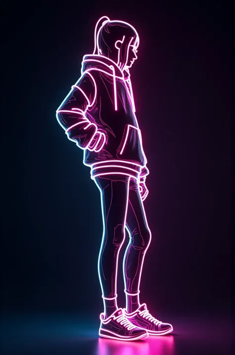 digital art, silhouette,a girl made of neon,wearing a pink Hoodie, green, blue,black background,cool pose,ALREADY, Minimalism