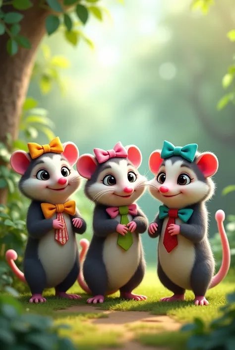  3 female opossums with womens bows
2 male opossums with mens ties animated
