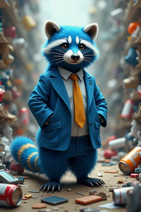 Blue raccoon wearing a university uniform surrounded by garbage