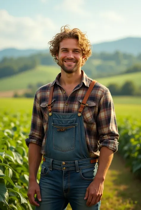  farmer with fair skin, curly and slightly blonde hair, wearing a plaid shirt and jeans