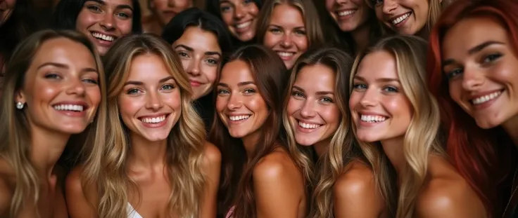 Group portrait of beautiful girls, blondes, brunettes, redheads, super happy, partying, perfect faces, perfect eyes, crowded together