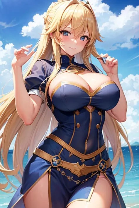 High resolution, Salt Lake,Long Hair, smile, Blushing, Blonde, Background blur, masterpiece, Large Breasts, beautifully,blue sky,Artoria Pendragon,