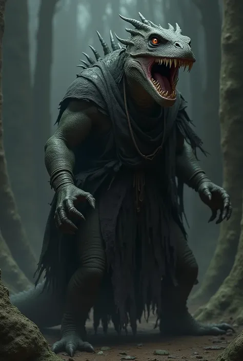 A demon with the body of a lizard , with fangs and a dark tunic 