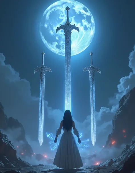 (Three colossal greatswords, twice the size of a human, created by magic.:1.5)、(The enormous sword is floating overhead, tilted by the power of magic.:1.5)、(The greatsword is manipulated with magic without direct contact:1.5)、(Perfect Anatomy:1.3)、gloves、C...