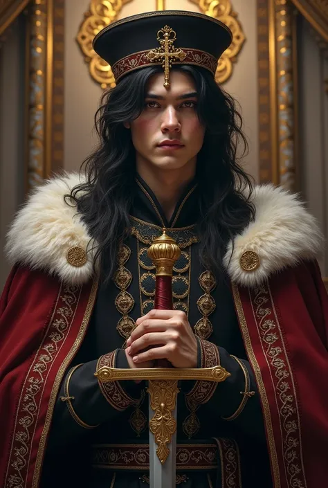 A guy in his early twenties with long black hair, wearing a stylish hat with a cross hanging from it., Kings attire next to his sword with a golden hilt