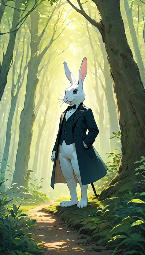 masterpiece、Highest quality、8k、High resolution、Very detailed、Big tree、Deep woods、A tree with intricate leaves々、Faint Light、Fantasy、Correct description of a rabbit、Mysterious rabbit、Bipedal rabbit、rabbit in a tailcoat、A white rabbit staring intently at the ...