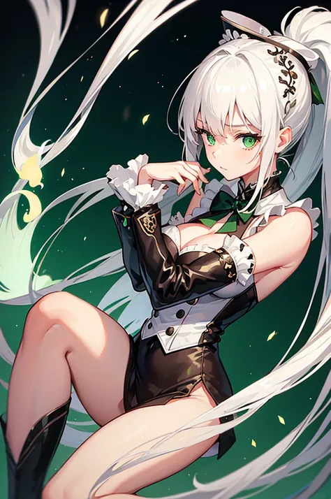 1 girl, long hair, with ponytail, white hair, green eyes, giant tits, giant ass, maids outfit, with top hat