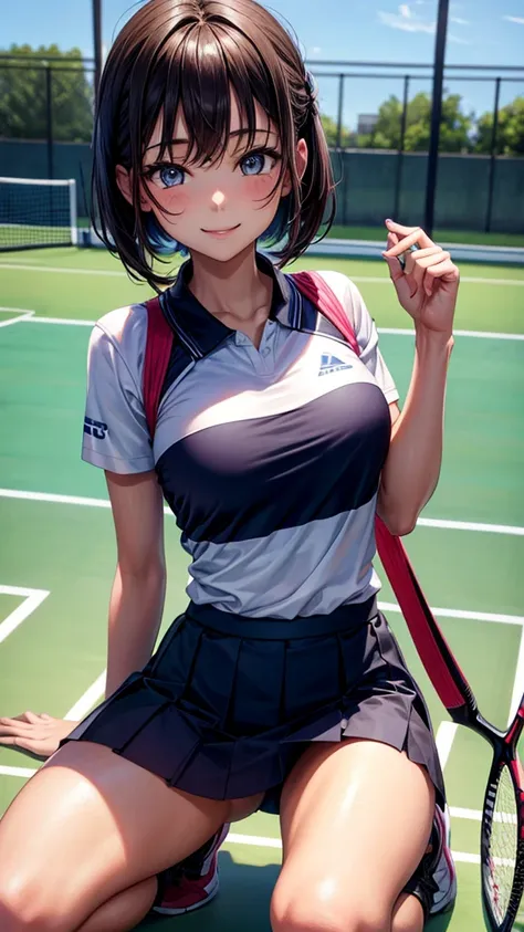 sksbrooke person, sksbrooke, (masterpiece:1.2), (best quality:1.2), perfect eyes, perfect face, 1girl, solo, brown eyes, (medium breasts), perky breasts, blue and black tennis uniform and shirt, tennis court background, smiling, kneeling 