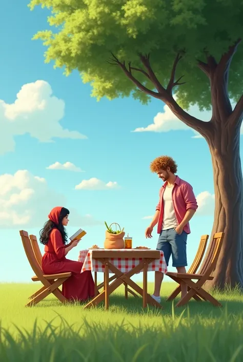 A pair of lovers having a picnic in a wide grass field with sunny weather and blue skies, the man with curly golden brown hair, reddish white skin, ideal body posture and tall, he wears an unbuttoned pink shirt and a white t-shirt. wearing blue knee-length...