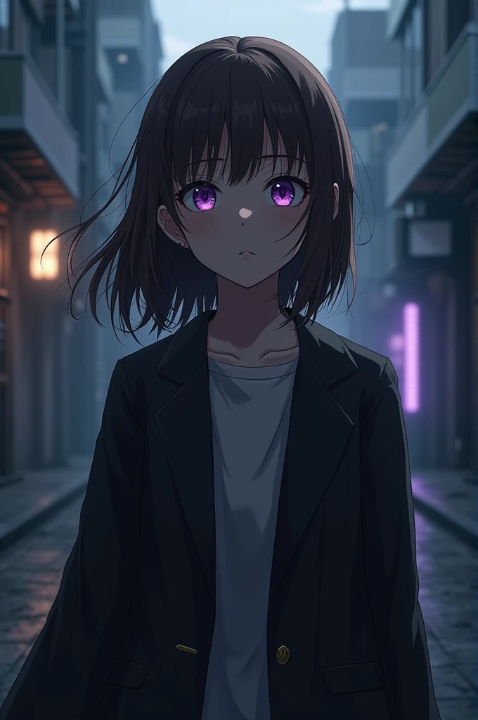 The girl bungou stray dog, has straight brown hair and purple eyes