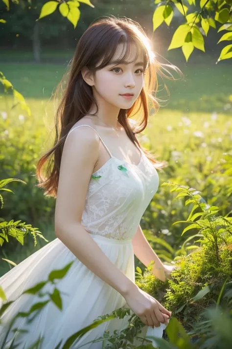 ，masterpiece, Highest quality，8k, Ultra-high resolution，Real Light and Shadow，Cinema Lenses，(Beautiful Eyes:1.1)， ((Medium shot scenes，Upper body))，Dynamic Pose，In the green grassland，A gentle goddess came with gentle steps。She was wearing a white dress，A ...