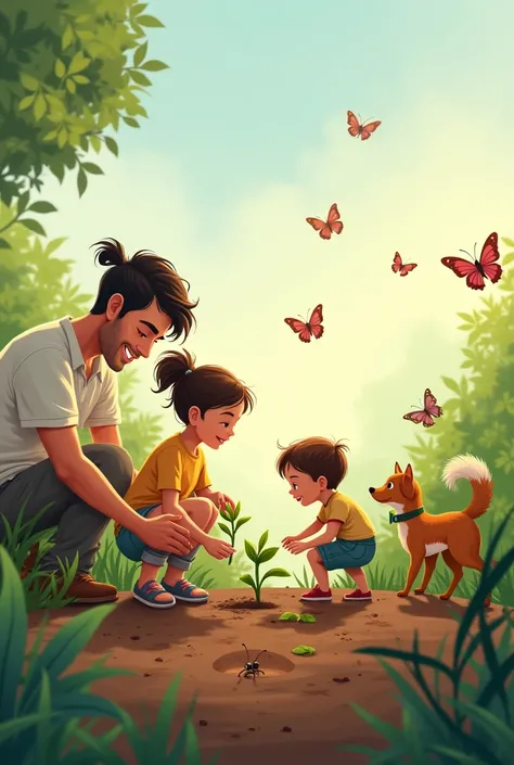 man and a woman planting, A child watching an ant and a dog playing with butterflies in a horizontal image





