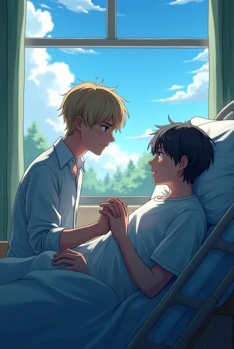 Cain sitting beside Arthurs hospital bed, holding his hand while talking to him. The room is filled with soft, soothing light, with an open window showing a landscape of trees and blue sky. Cain has an expression of hope and love on his face, while Arthur,...