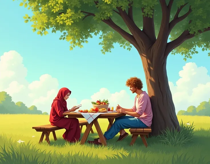 (A pair of lovers having a picnic in a wide grass field with sunny weather and blue skies, the man with curly golden brown hair, reddish white skin, ideal body posture and tall, he wears an unbuttoned pink shirt and a white t-shirt. wearing blue knee-lengt...