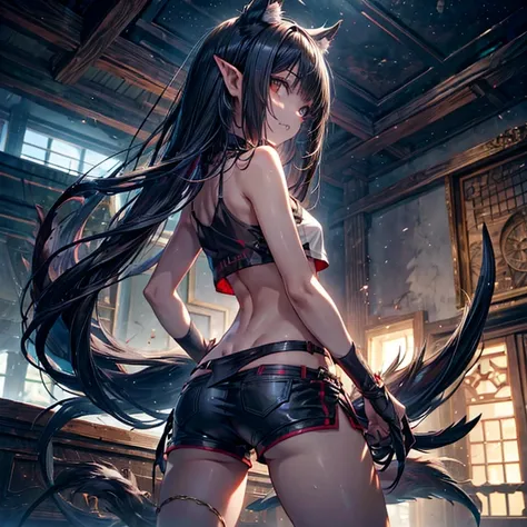 girl with tail, pointy ears, sharped teeth, claws nas mãos e pés, semi-human, sensuous, wearing shorts and t-shirt, short layered hair, fully body, adolescent, standing backwards, slender, In a room, shoulder length black hair, claws, Sauvage