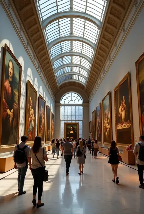 Art gallery with famous paintings like the Mona Lisa, the starry Night, the kiss, The Last Supper,  The Persistence of Memory
