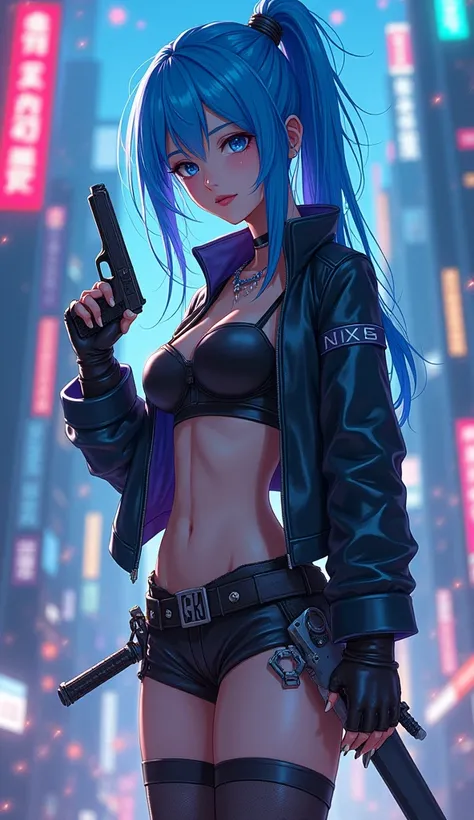 an anime, a sensual blue-haired girl, blue eyes, dressed as a cyberpunk mercenary, urban style, she wields a sword in one hand and a pistol in the other, in the background a futuristic city dazzles with its neon lights.