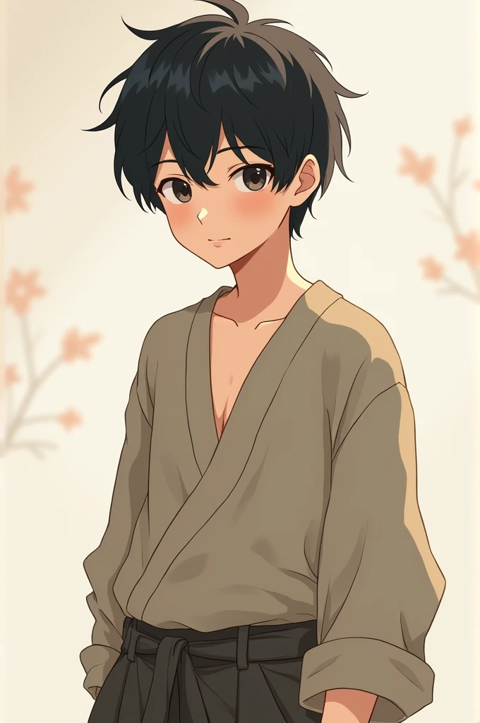 Black haired boy wearing loose fitting clothes in anime style 