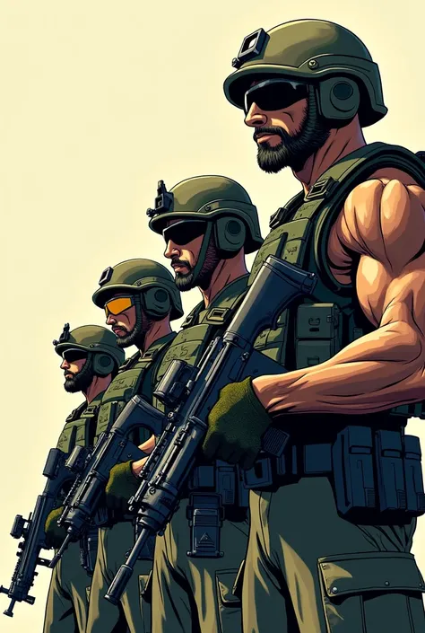 Draw comic-style armed soldiers in a row, slightly focused to the left.