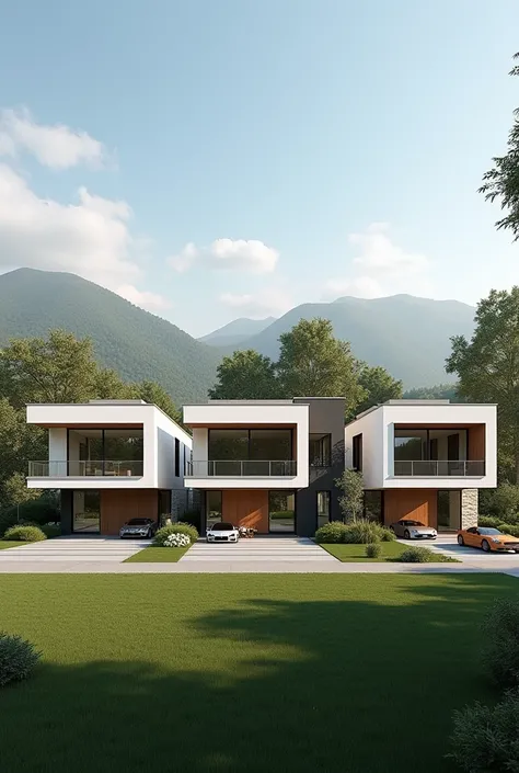 CREATE A REAL HORIZONTAL IMAGE OF 3 BEAUTIFUL MODERN HOUSES TOGETHER