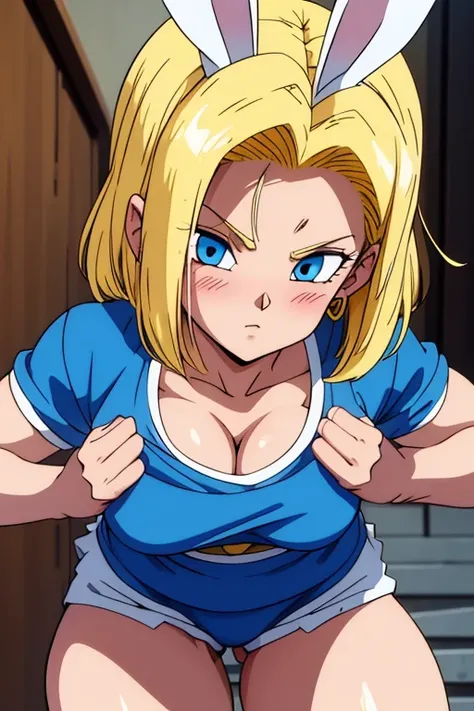 chest, Shortcuts, blue eyes, blonde, Bunny ears, Highest quality, blush, 大きなchest, , Anime Style, Android 18,大きなchest, Heavy breathing, Look closer, Accurate, High resolution, Attention to detail, Frowning, Tsundere, Earrings,whole body,Thighs
